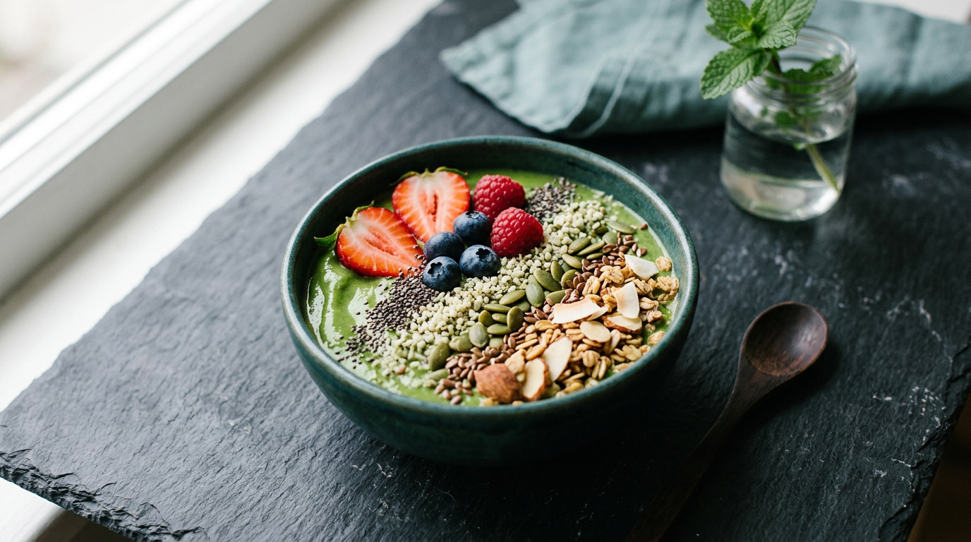 Frozenondhon fresh plant bowl with fruit and seeds on a dark surface